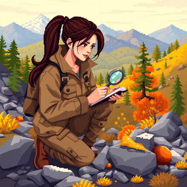 A pixel art illustration of a brunette geologist in a vibrant outdoor setting