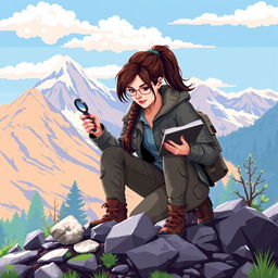 A pixel art illustration of a brunette geologist in a vibrant outdoor setting