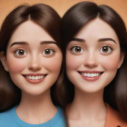 A Pixar-style illustration presenting a brunette girl with her face divided into two contrasting halves – one side brimming with happiness, while the other revealing melancholy.