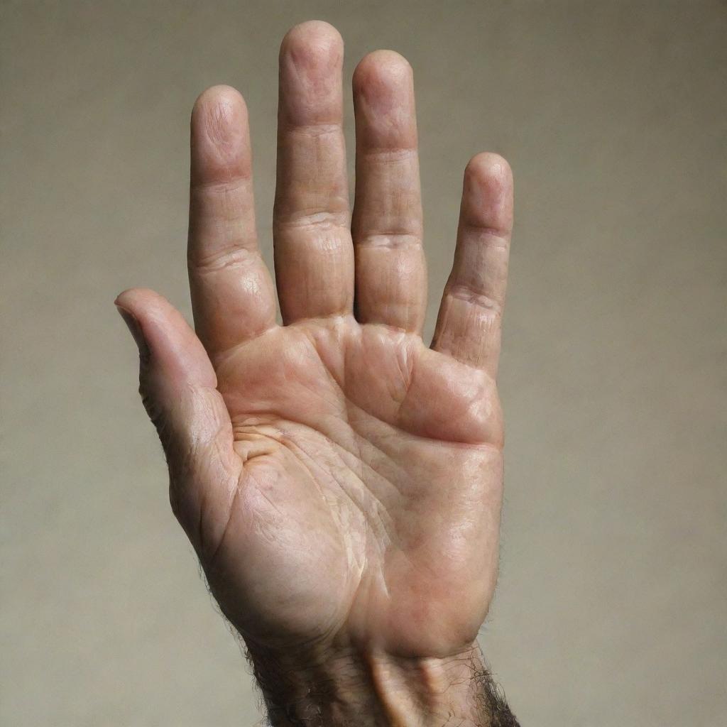 A detailed and realistic depiction of the hand of Seyyed Ali Khamenei, the Supreme Leader of Iran. The hand should be open to display all fingers and the palm, with clear attention to the wrinkles and texture of skin.