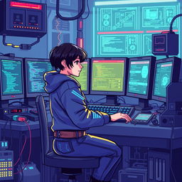 A pixel art illustration of a systems engineer working at a futuristic computer station