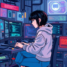 A pixel art illustration of a systems engineer working at a futuristic computer station