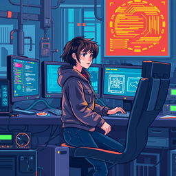 A pixel art illustration of a systems engineer working at a futuristic computer station