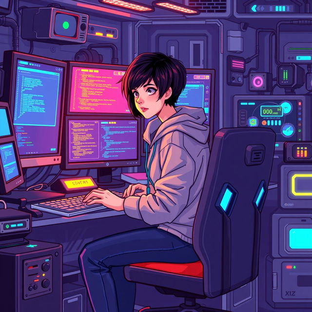 A pixel art illustration of a systems engineer working at a futuristic computer station