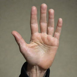 A detailed and realistic depiction of the hand of Seyyed Ali Khamenei, the Supreme Leader of Iran. The hand should be open to display all fingers and the palm, with clear attention to the wrinkles and texture of skin.