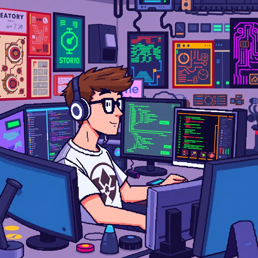 A pixel art depiction of a systems engineer working in a modern, tech-filled office