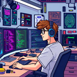 A pixel art depiction of a systems engineer working in a modern, tech-filled office