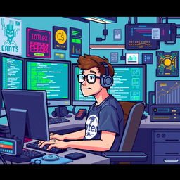 A pixel art depiction of a systems engineer working in a modern, tech-filled office