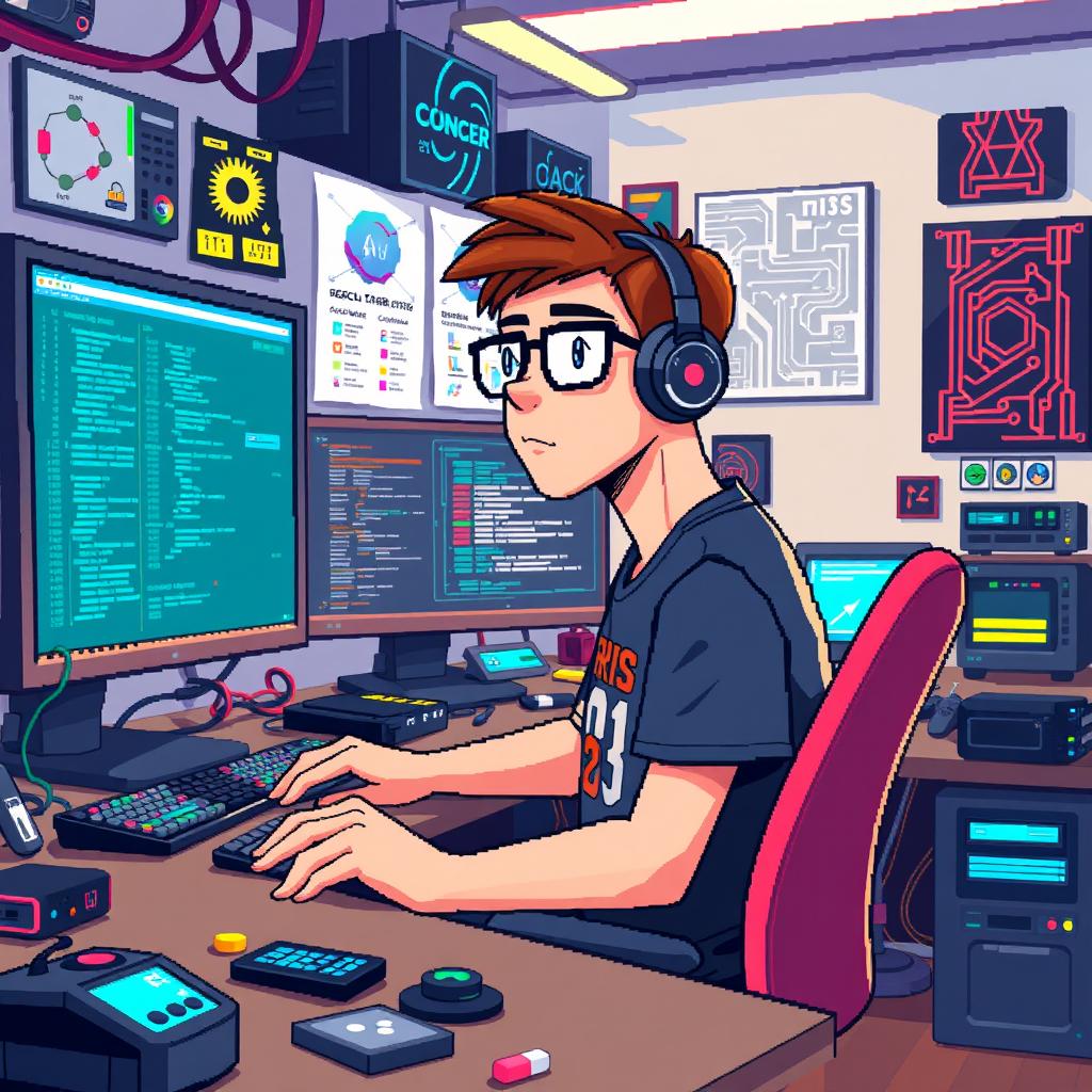 A pixel art depiction of a systems engineer working in a modern, tech-filled office