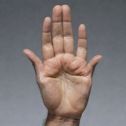 A detailed and realistic depiction of the hand of Seyyed Ali Khamenei, the Supreme Leader of Iran. The hand should be open to display all fingers and the palm, with clear attention to the wrinkles and texture of skin.