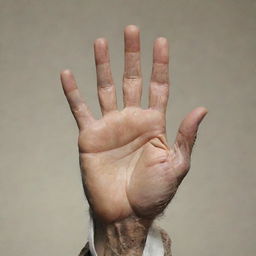 A detailed and realistic depiction of the hand of Seyyed Ali Khamenei, the Supreme Leader of Iran. The hand should be open to display all fingers and the palm, with clear attention to the wrinkles and texture of skin.