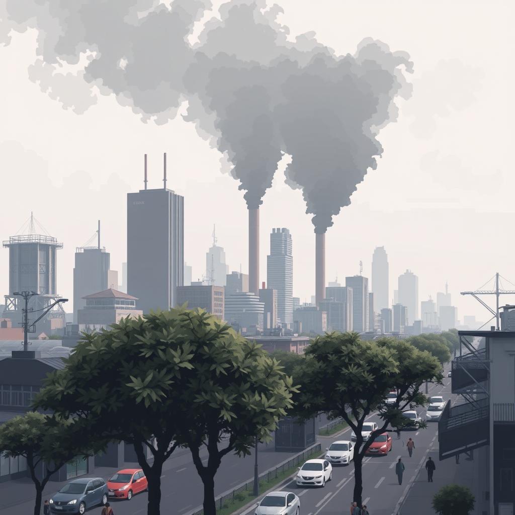 A pixel art depiction of a polluted city skyline, showcasing the effects of air pollution