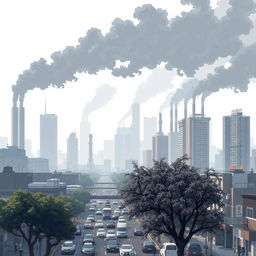 A pixel art depiction of a polluted city skyline, showcasing the effects of air pollution