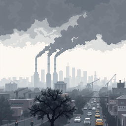 A pixel art depiction of a polluted city skyline, showcasing the effects of air pollution