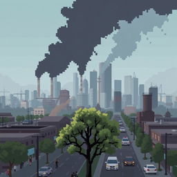 A pixel art depiction of a polluted city skyline, showcasing the effects of air pollution