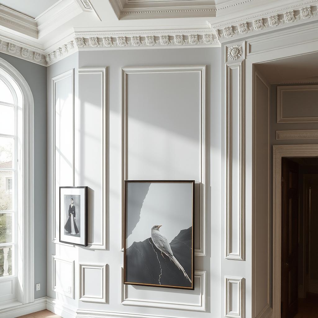 Elegant walls adorned with intricate moldings highlighting modern designs