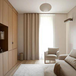 Design a minimalist living room with neutral colors, clean lines, and stylish yet simplistic furniture