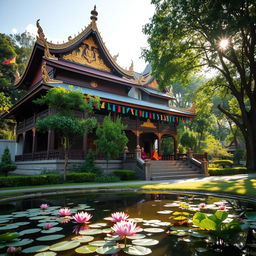 A serene Buddhist temple surrounded by lush greenery, featuring traditional architecture with ornate wooden carvings and golden accents