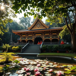 A serene Buddhist temple surrounded by lush greenery, featuring traditional architecture with ornate wooden carvings and golden accents