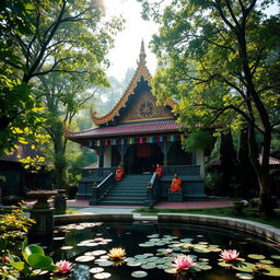 A serene Buddhist temple surrounded by lush greenery, featuring traditional architecture with ornate wooden carvings and golden accents