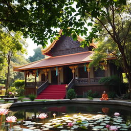 A serene Buddhist temple surrounded by lush greenery, featuring traditional architecture with ornate wooden carvings and golden accents