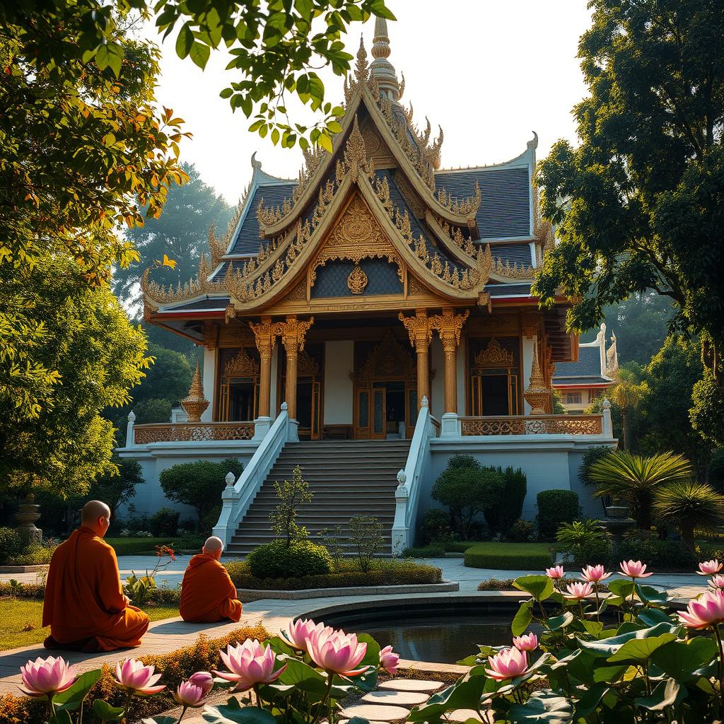 A stunning Buddhist temple surrounded by lush greenery, featuring intricate architectural details and traditional decorations