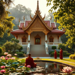 A stunning Buddhist temple surrounded by lush greenery, featuring intricate architectural details and traditional decorations