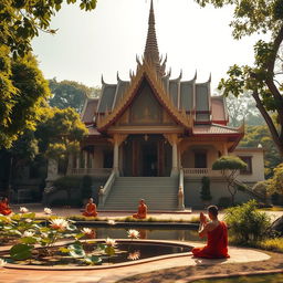 A stunning Buddhist temple surrounded by lush greenery, featuring intricate architectural details and traditional decorations