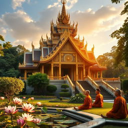 A stunning Buddhist temple surrounded by lush greenery, featuring intricate architectural details and traditional decorations