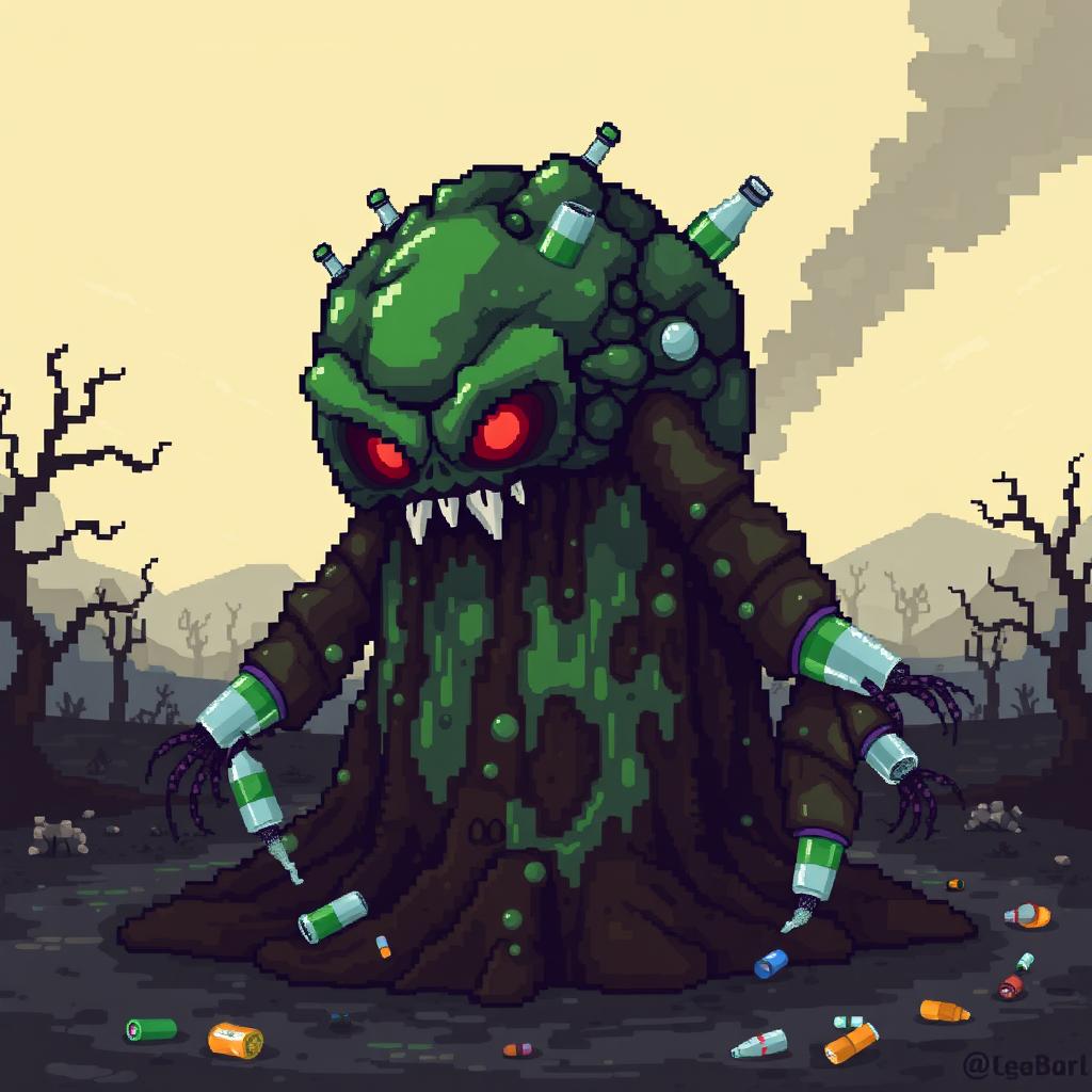 A pixel art representation of a pollution monster, designed as a grotesque creature made up of various polluted elements