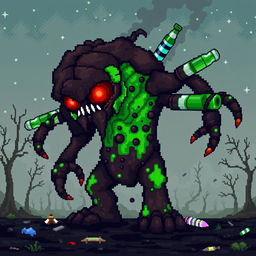 A pixel art representation of a pollution monster, designed as a grotesque creature made up of various polluted elements