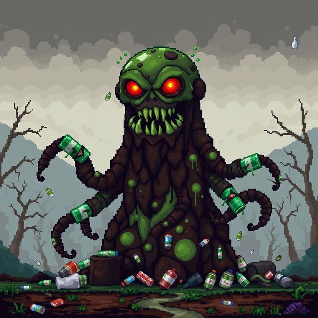 A pixel art representation of a pollution monster, designed as a grotesque creature made up of various polluted elements