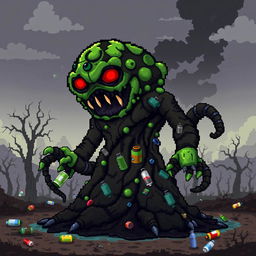 A pixel art representation of a pollution monster, designed as a grotesque creature made up of various polluted elements