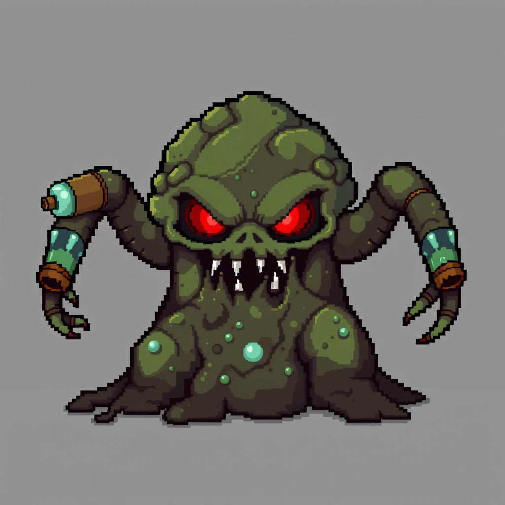 A pixel art representation of a pollution monster with no background