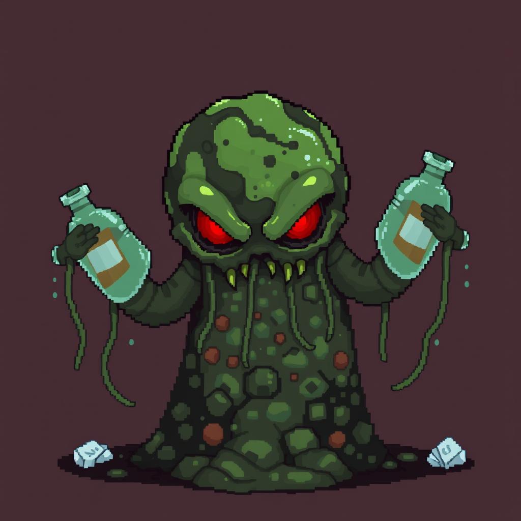 A pixel art representation of a pollution monster with no background