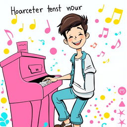 An inviting and playful illustration of a young person happily playing a piano, surrounded by colorful musical notes and vibrant elements