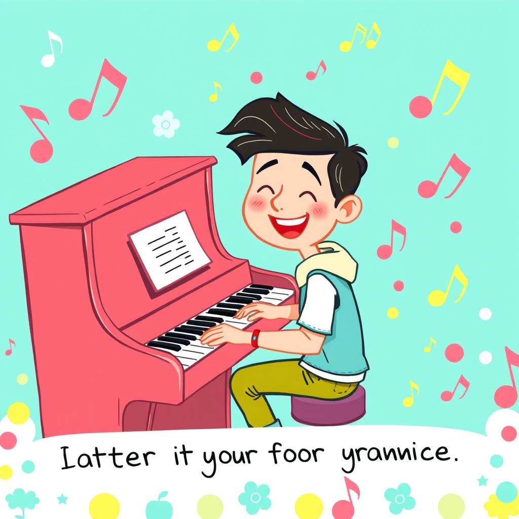 An inviting and playful illustration of a young person happily playing a piano, surrounded by colorful musical notes and vibrant elements