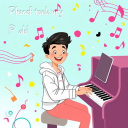 An inviting and playful illustration of a young person happily playing a piano, surrounded by colorful musical notes and vibrant elements