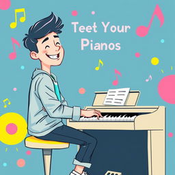 An inviting and playful illustration of a young person happily playing a piano, surrounded by colorful musical notes and vibrant elements