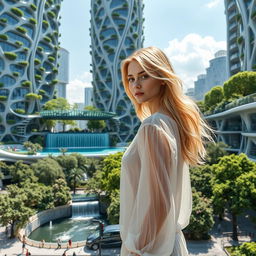 A futuristic, bionic design of high-rise buildings in Kyiv, featuring facades adorned with many flowing lines