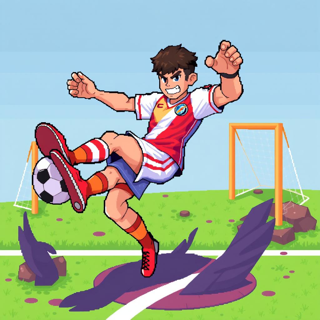 A pixel art representation of a football (soccer) player in an action-packed combat pose