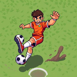 A pixel art representation of a football (soccer) player in an action-packed combat pose