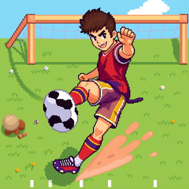 A pixel art representation of a football (soccer) player in an action-packed combat pose