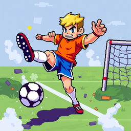 A pixel art representation of a football (soccer) player in an action-packed combat pose