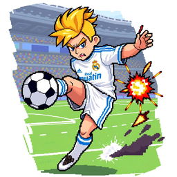 A pixel art depiction of a blonde football (soccer) player wearing a Real Madrid uniform, dynamically engaged in a combat pose