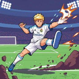 A pixel art depiction of a blonde football (soccer) player wearing a Real Madrid uniform, dynamically engaged in a combat pose