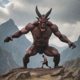 An Ecuadorian man engaged in a dramatic battle with a menacing figure of the devil, set against the backdrop of a rugged mountain landscape