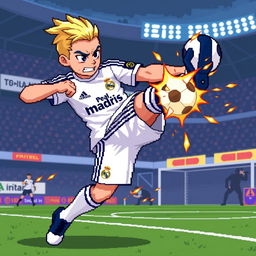 A pixel art depiction of a blonde football (soccer) player wearing a Real Madrid uniform, dynamically engaged in a combat pose