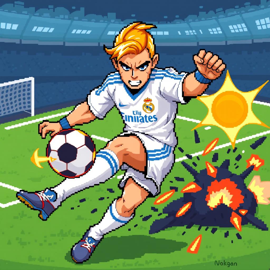 A pixel art depiction of a blonde football (soccer) player wearing a Real Madrid uniform, dynamically engaged in a combat pose