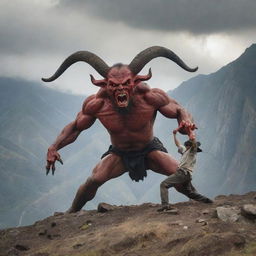 An Ecuadorian man engaged in a dramatic battle with a menacing figure of the devil, set against the backdrop of a rugged mountain landscape